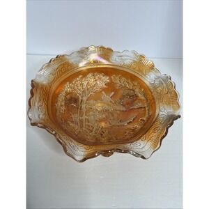 Vintage Fenton Marigold Japanese Pond 3 Footed Carnival Glass Ruffled Bowl